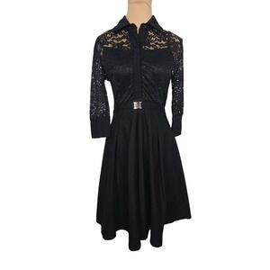 Miusol Womens Black Floral Lace Fit & Flare Dress Collared 3/4 Sleeve Size S